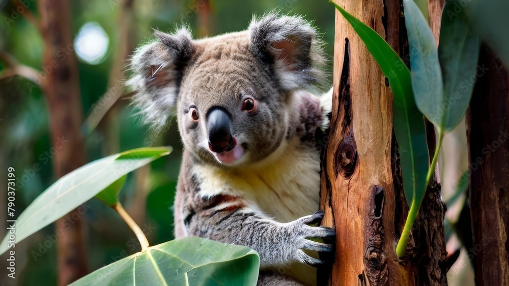 Obraz premium Endearing koala resting amidst eucalyptus foliage. Vibrant close-up of a fluffy Australian marsupial. Concept of wildlife conservation, natural habitats, and adorable animal.
