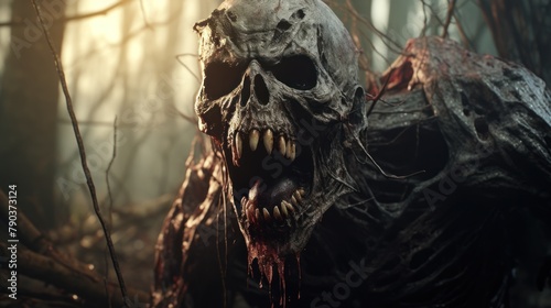 A creepy, bloodied zombie with a skull face and sharp teeth stands in a dark, forest setting. The sun shines through the trees behind it, casting a red glow over the scene.