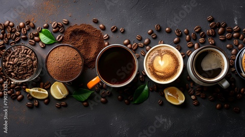 the concept of International Coffee Day, top view. background for designer for international coffee day.  Festive and inviting banner mockup for International Coffee Day with copy space for text