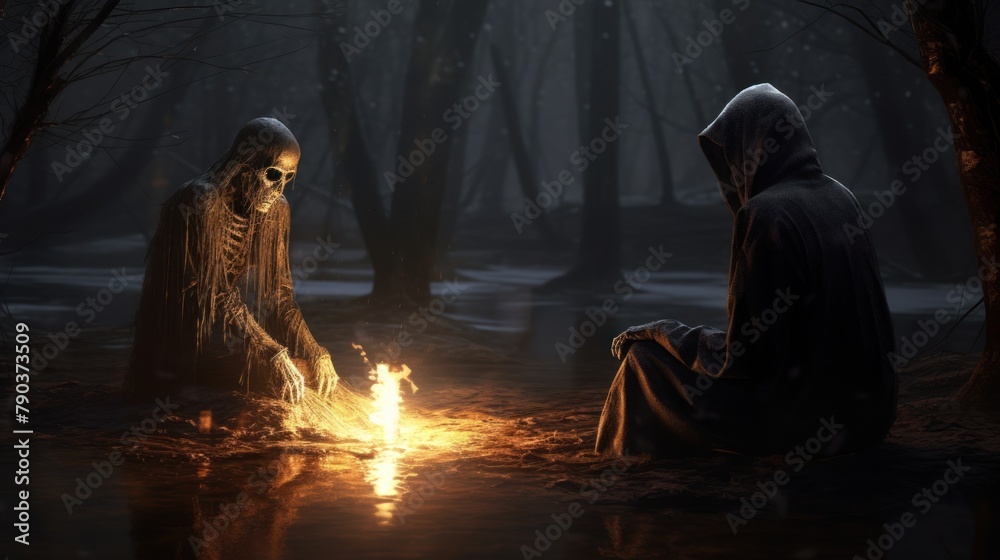 Two figures stand and sit by a fire in a dark, foggy forest. The figure on the left is a skeleton, and the figure on the right is a figure in a black cloak.