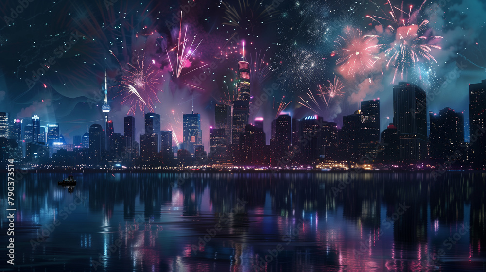 fireworks illuminating the night sky over a city skyline