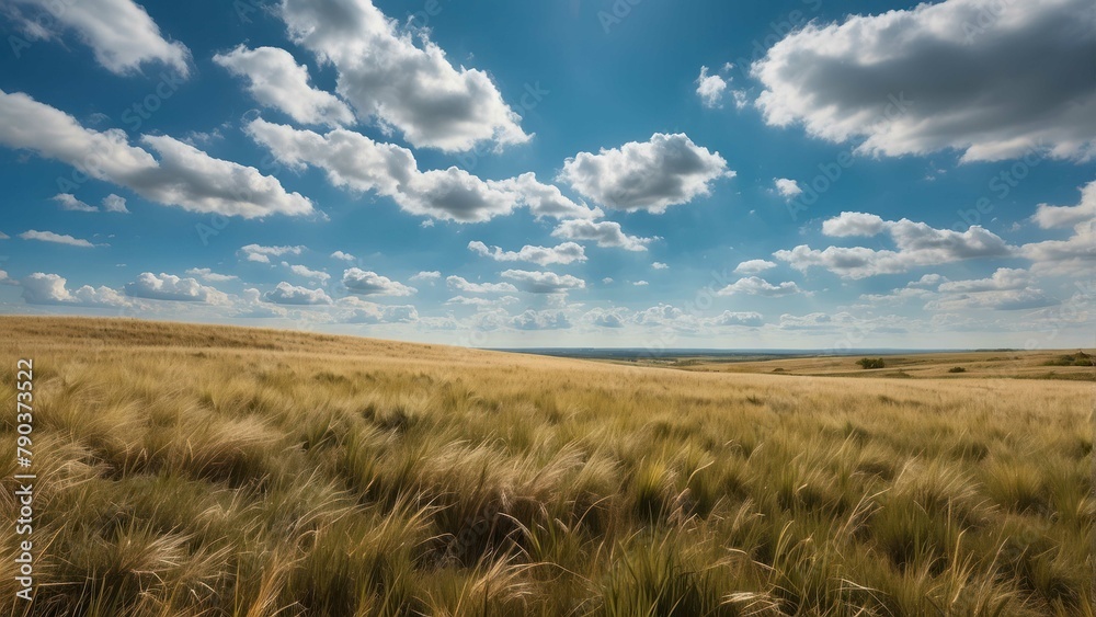 Vast golden wheat field under blue sky Vast golden wheat field under blue sky
