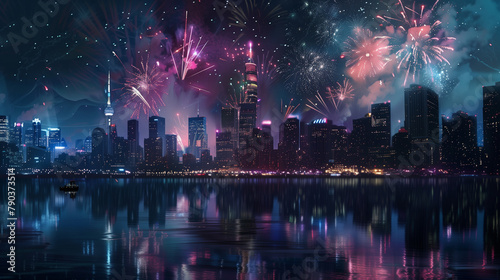 fireworks illuminating the night sky over a city skyline © AndyGordon