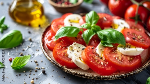 Tomato salad prep: Freshly sliced tomatoes, basil leaves, and mozzarella cheese are arranged on a plate, ready to be drizzled with olive oil.