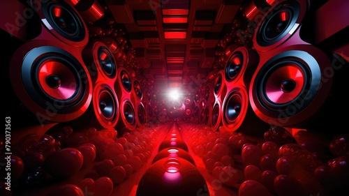 Fototapeta Naklejka Na Ścianę i Meble -  Wall of speakers with glowing red lights - An immersive 3D digital art installation featuring a wall of speakers illuminated by intense red lighting, suggesting an intense music experience
