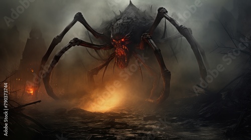 A massive spider with red eyes and fangs stands in a smoky, fiery area with ruins in the background. © ProPhotos