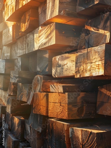 Timber stacked for construction at golden hour - Close-up view of precisely stacked timber basking in the warm light of golden hour