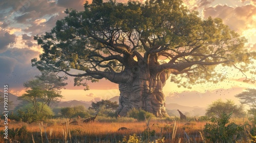 Tower of life: A colossal baobab tree looms large against the African savannah, its massive trunk a sanctuary for myriad forms of wildlife. photo