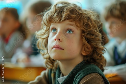 A young boy with curly hair and blue eyes sits in a classroom.