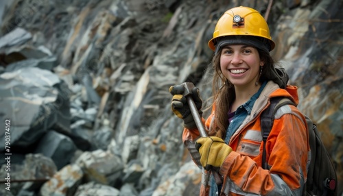 Confident Female Miner with Geological Expertise in Rock Quarry