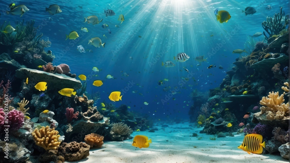 Naklejka premium Serene Blue Ocean and Sparkling Sunlight Scene