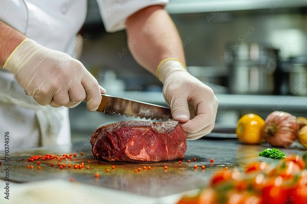 Bakery chef prepares beef steak closeup, beef steak making process, steak meat preparing, steak meat closeup