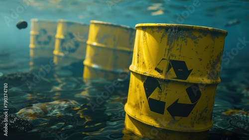 Toxic waste barrels contaminating ocean water - Striking imagery displaying yellow toxic waste barrels in the ocean, pointing out the grave issue of industrial pollution photo