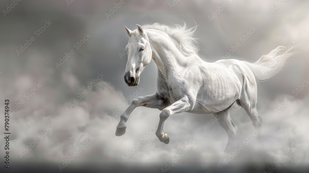 White horse running free through clouds - The majestic beauty of a white horse captured as it gallops freely through cloudy skies White horse running free through clouds - The majestic beauty of a white horse captured as it gallops freely through cloudy skies