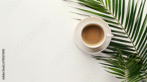 Isolated Cycad palm tree with coffee cup on light background Space for text photo