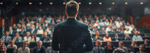 Politician, man and back with crowd at conference in election campaign, public discussion or debate. Political party leader, speaker or presenter for ideas, banner or call to action for audience photo