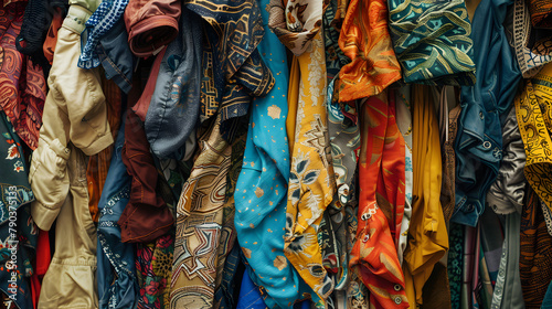 Close up of colorful clothes in second hand clothing shop, charity shop, thrift store, street market