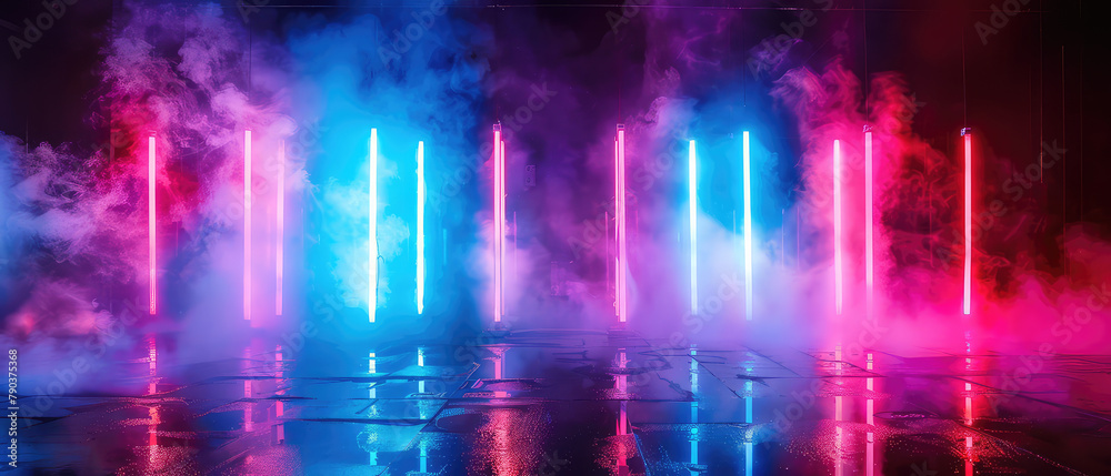Illuminated neon bars with dramatic smoke