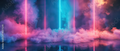 Vibrant neon lights in a misty ambiance