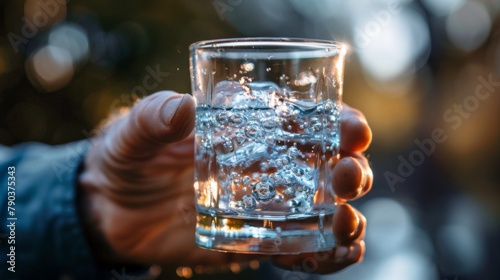 A person holding a glass of water with ice cubes in it, AI