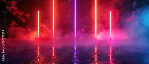 Neon lights reflecting on wet floor with fog