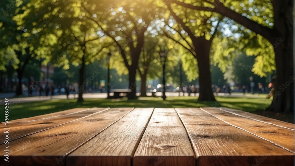 Sun kissed wooden table in a tranquil park setting Sun kissed wooden table in a tranquil park setting