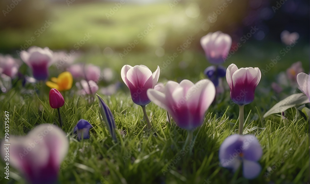 a forest glade dotted with flowers, rays of sunshine