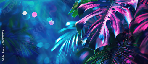 Vibrant neon tropical leaves with bokeh lights