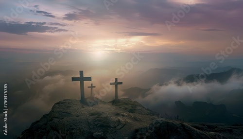 The Christianity themed on a background with dramatic at dawn, the spirit of preaching the Gospel throughout the world. A beautiful sea of ​​clouds, dark clouds and sky and sunbeams