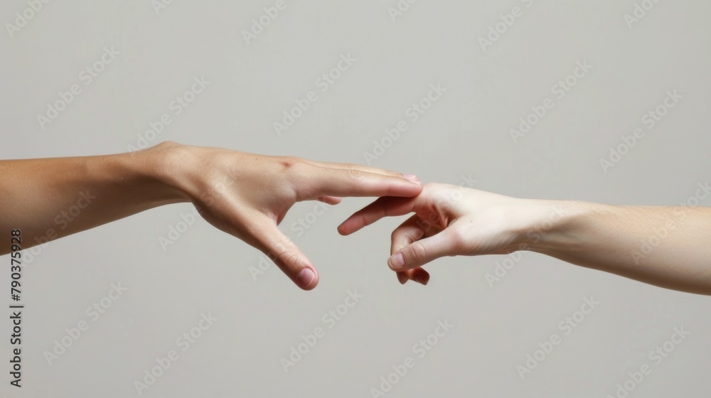 Two hands reaching for each other with a gray background, AI Two hands reaching for each other with a gray background, AI
