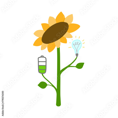 Green energy. Light bulb and battery connected to flower. Plant generates electricity. Latest technologies, alternative current source