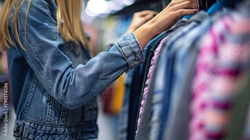 A woman in a denim jacket looking at clothes on the rack, AI