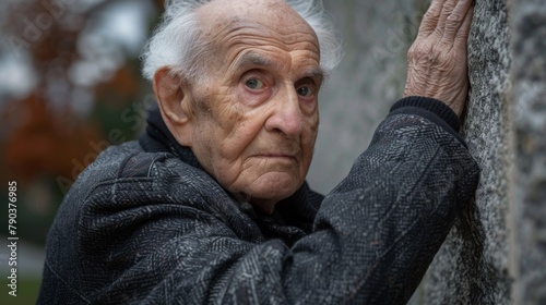 An older man with grey hair and a black sweater is leaning against the wall, AI