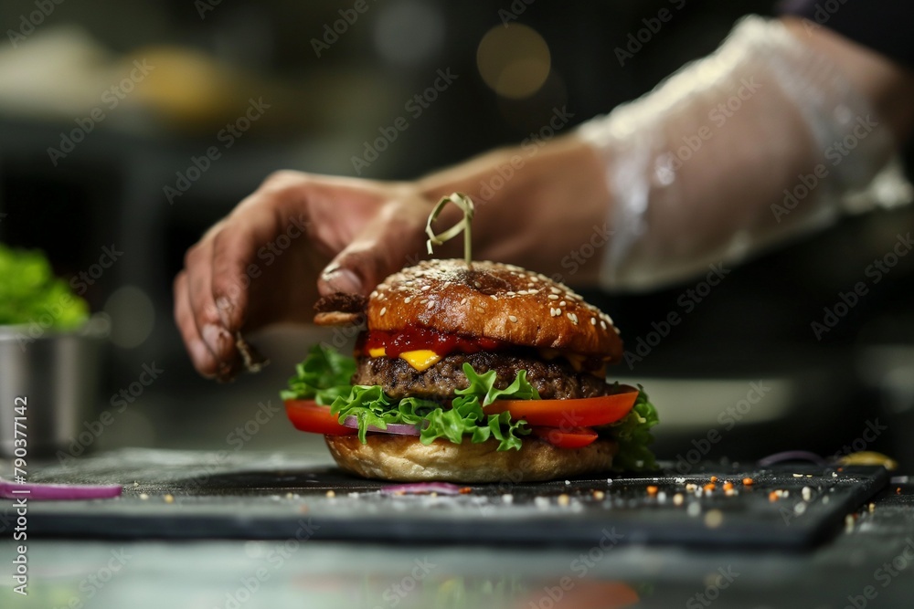 bakery chef prepares burger closeup, beef burger-making process, burger preparing, burger, burger closeup, grill, meat, food, barbecue, bbq, beef, cooking, steak, grilled, pork, hamburger, grilling