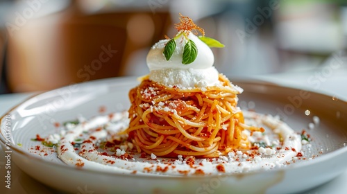 A bolognese-style vermicelli pasta with parmigiano cheese on top and white cream. Elegant Italian dish of vermicelli pasta with special cheese. © Vagner Castro