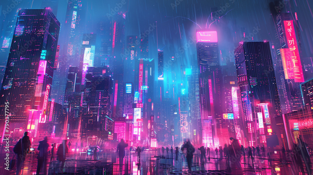 A futuristic cityscape bathed in neon lights and holographic displays, pulsating with the rhythm of a digital heartbeat. 