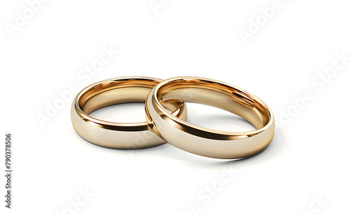 A pair of gold wedding rings isolated on a white background, generative ai