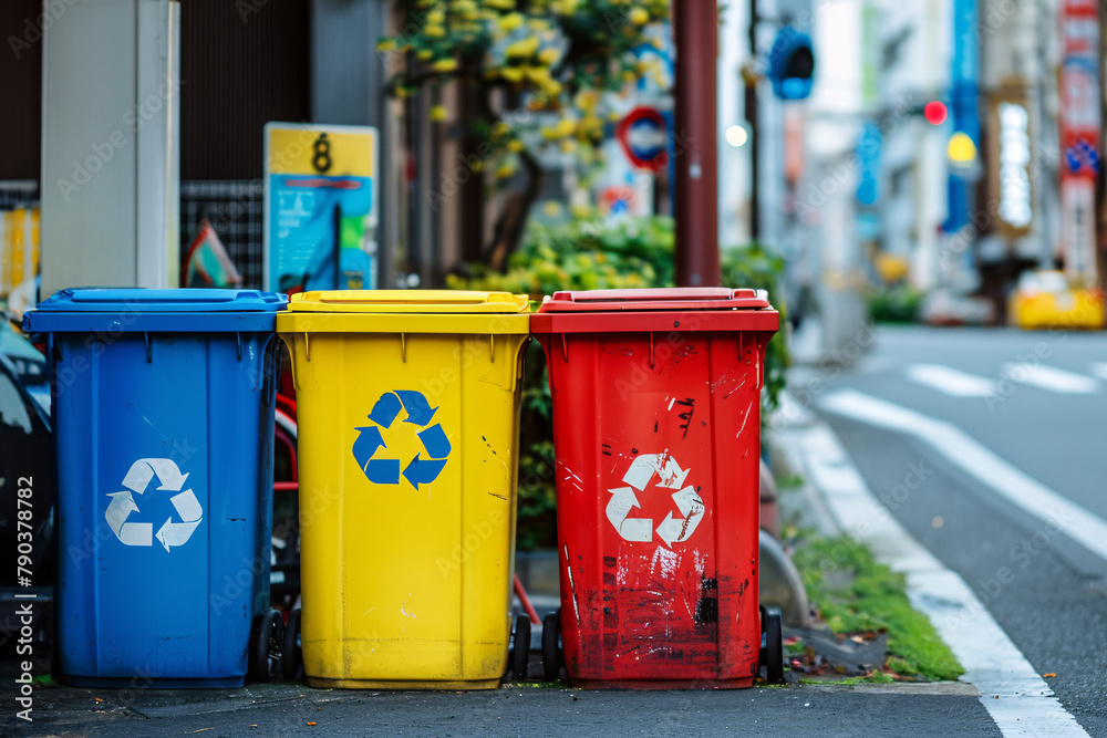 Dirty, shabby and colorful trash cans lined up in a row Recycling concept. Dirty, shabby and colorful trash cans lined up in a row Recycling concept.