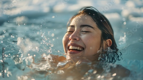 Laughing woman during golden hour swim - Warm-toned image of a woman laughing while swimming at golden hour