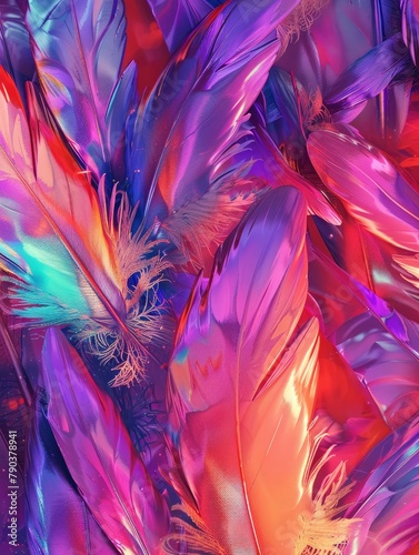 Vibrant colorful abstract feather texture - This image showcases a close-up of feathers with vibrant, saturated colors and intricate details, illustrating a mesmerizing abstract pattern