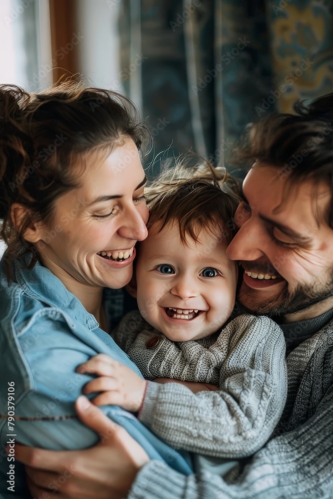 A happy family portrait of parents hugging their baby and smiling joyfully. The image captures the love, togetherness, and warmth of family life at home. A happy family portrait of parents hugging their baby and smiling joyfully. The image captures the love, togetherness, and warmth of family life at home.
