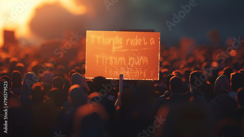 Protester, banner, determined, rallying crowd against tyranny, under a darkening sky, 3D render, spotlight, Depth of field bokeh effect photo