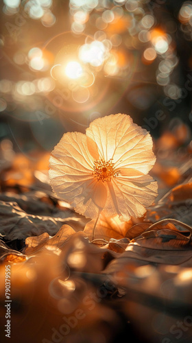 Shimmering flower petal, ethereal, delicate, discovered in a mystical enchanted forest, bathed in golden sunlight Realistic, golden hour, depth of field bokeh effect