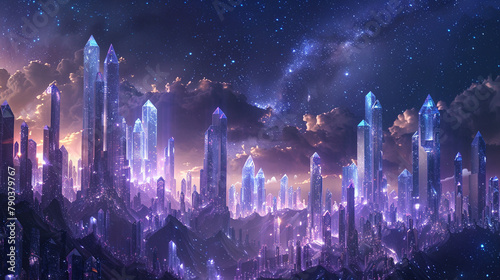 A surreal abstract cityscape with skyscrapers made of shimmering crystals reaching for a starlit sky.  photo