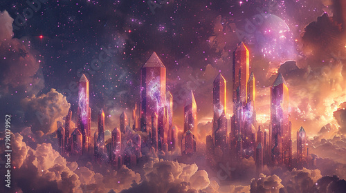 A surreal abstract cityscape with skyscrapers made of shimmering crystals reaching for a starlit sky. 