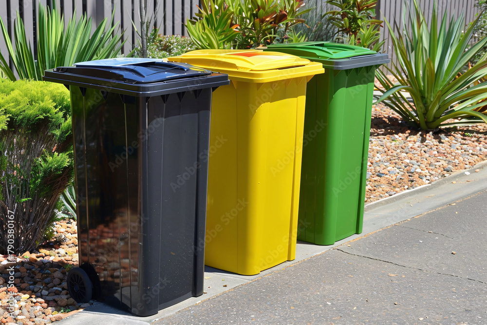 Recycling bins. Colorful trash cans in a row in the city. Recycling concept.
Recycling bins. Colorful trash cans in a row in the city. Recycling concept.