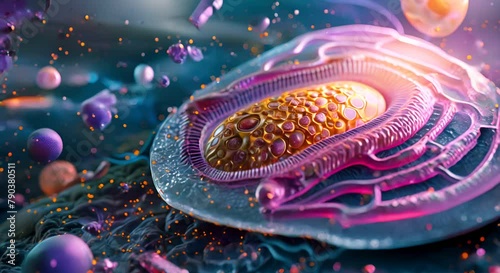 A colored image highlights the various organelles within an animal cell including the rough endoplasmic which is studded with ries photo