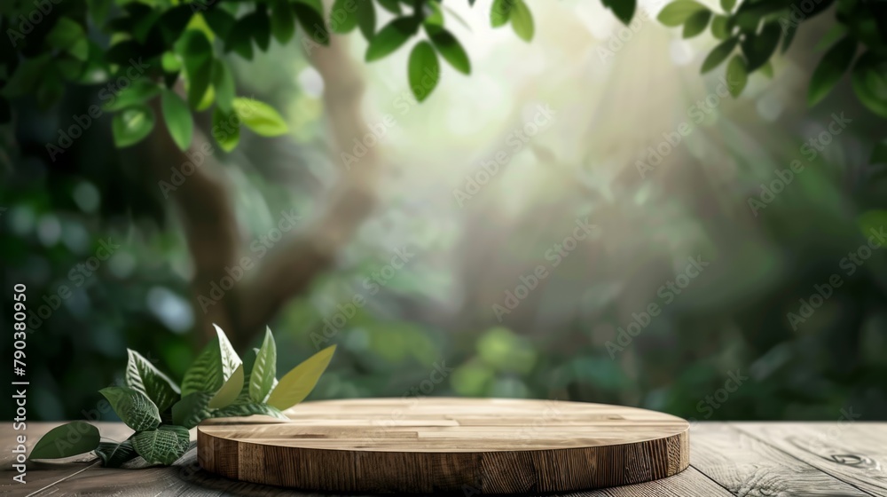 A wooden table with a round top and a leaf on it. The table is surrounded by trees and leaves, giving it a natural and peaceful atmosphere A wooden table with a round top and a leaf on it. The table is surrounded by trees and leaves, giving it a natural and peaceful atmosphere