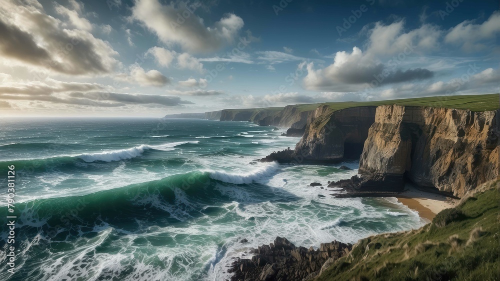 Majestic ocean waves crashing on cliffs