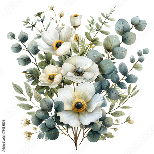 watercolor painting style of a wedding bouquet with white flowers and eucalypthus leaves isolated against transparent background
